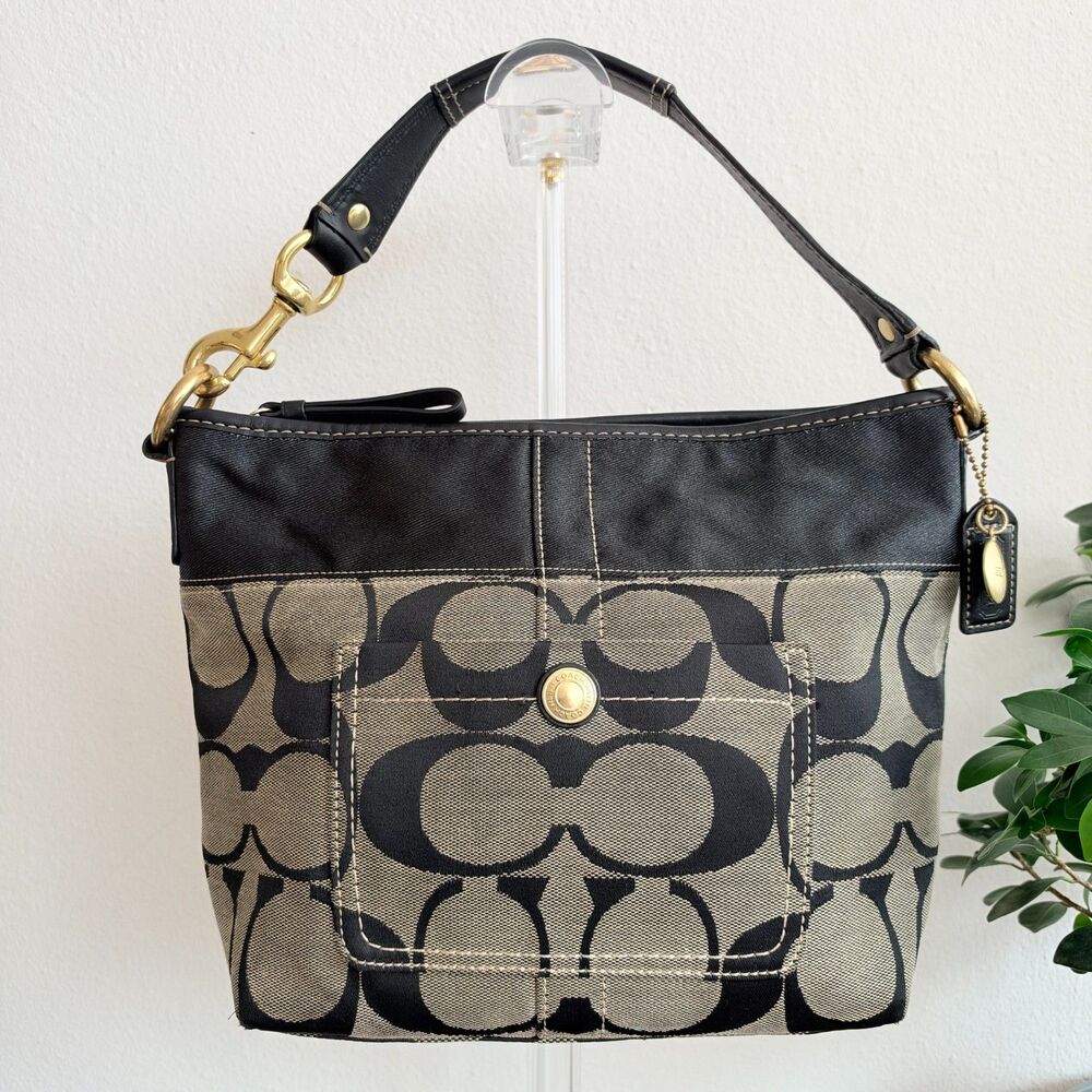 Coach Signature Stripe Hobo Shoulder Bag Style 11957 Black Khaki Y2K Vintage